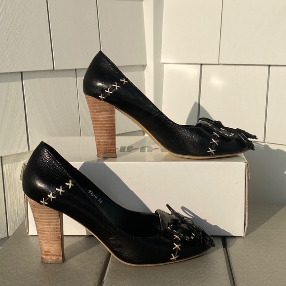 Juno New York loafer block heels peep toe black cream 8 - Picture 10 of 12